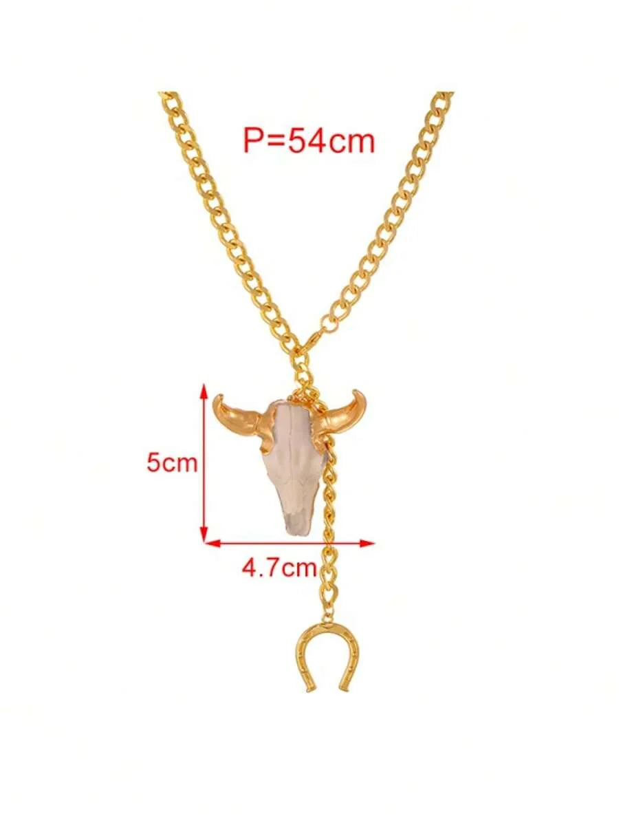 Unique Western Style Gold Copper Bead Horse Hoof Alloy Skull Bull Head Necklace
