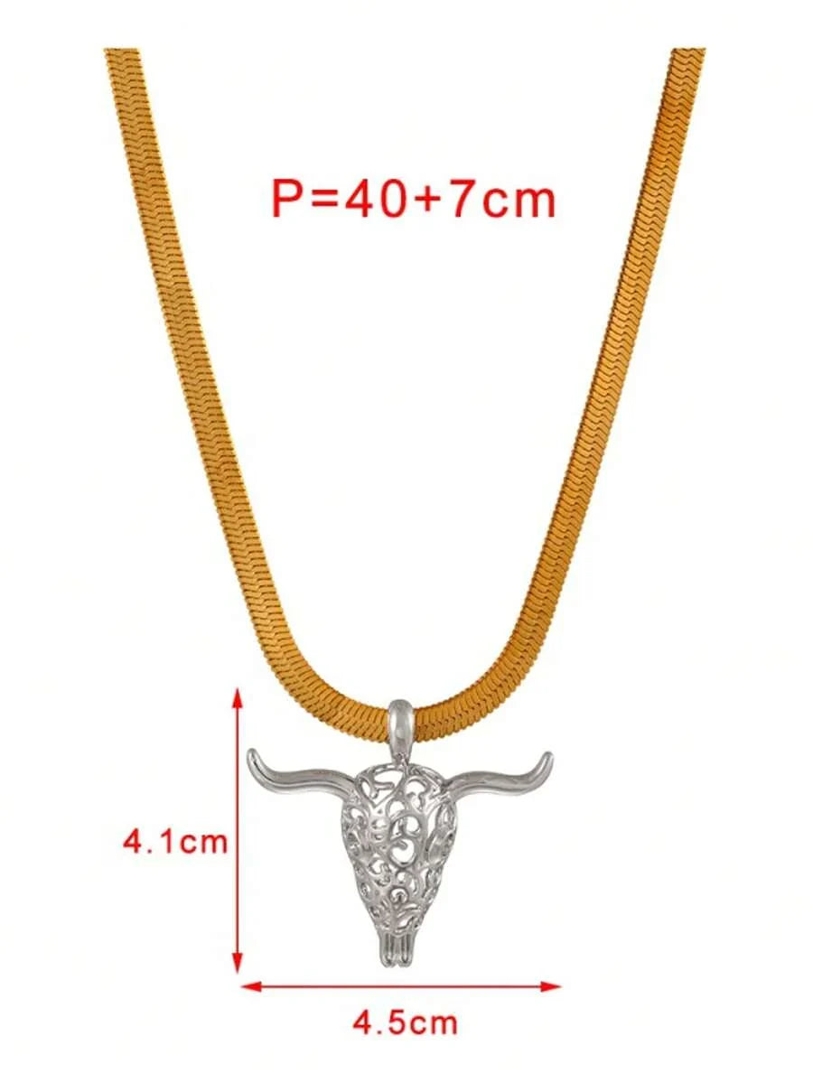 Unique Western Style Gold Copper Bead Horse Hoof Alloy Skull Bull Head Necklace