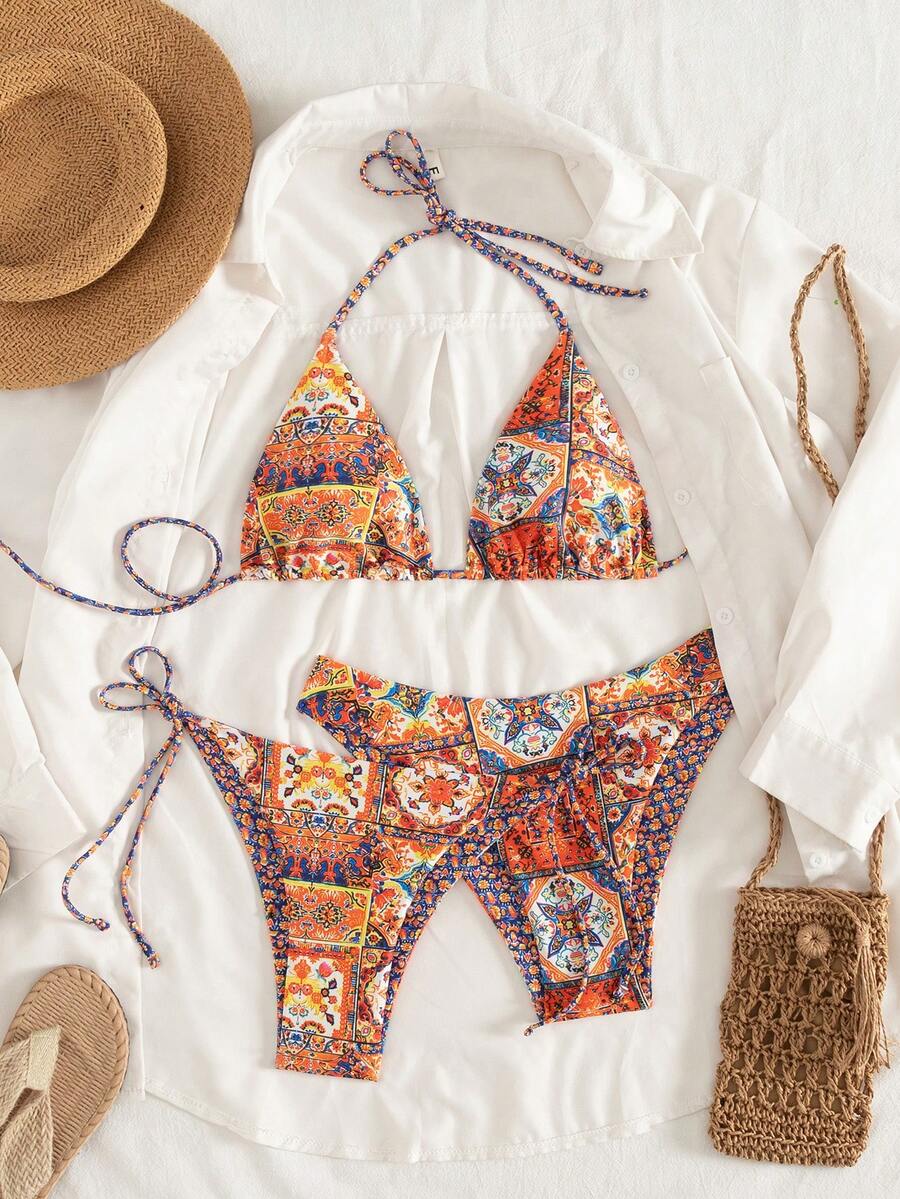 Swim Vcay Women's 3-Piece Set Blue And Orange Tie-Dye Bikini Swimwear