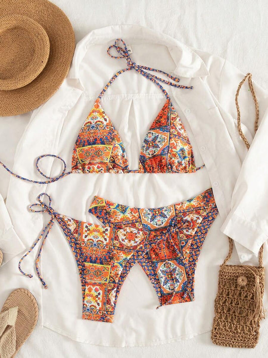 Swim Vcay Women's 3-Piece Set Blue And Orange Tie-Dye Bikini Swimwear