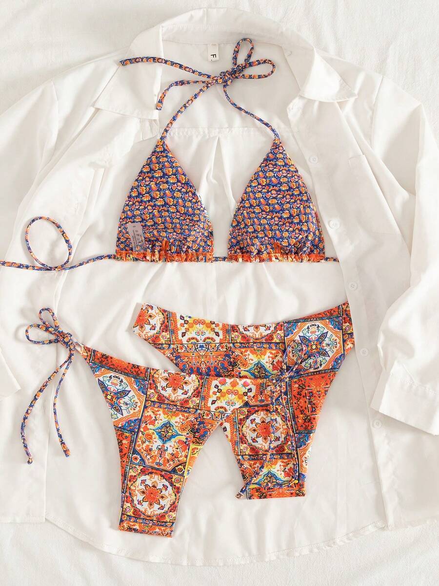 Swim Vcay Women's 3-Piece Set Blue And Orange Tie-Dye Bikini Swimwear