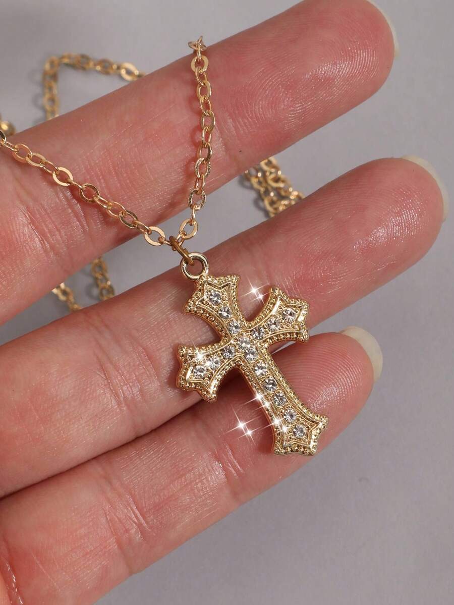 Vintage Gothic Style Rhinestone Cross Necklace