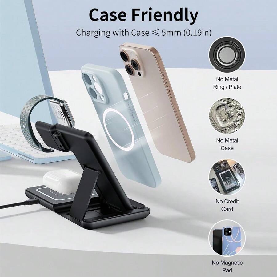 AmSengo 15W Foldable 3-In-1 Fast Wireless Charging Station