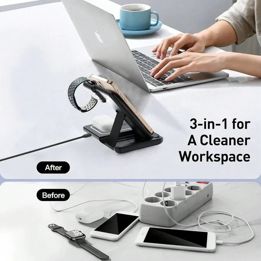 AmSengo 15W Foldable 3-In-1 Fast Wireless Charging Station