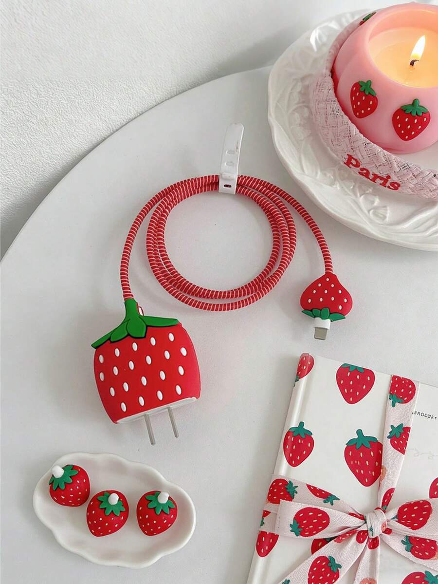 4pcs Cute Cartoon Strawberry & Apple Charger Protector Case