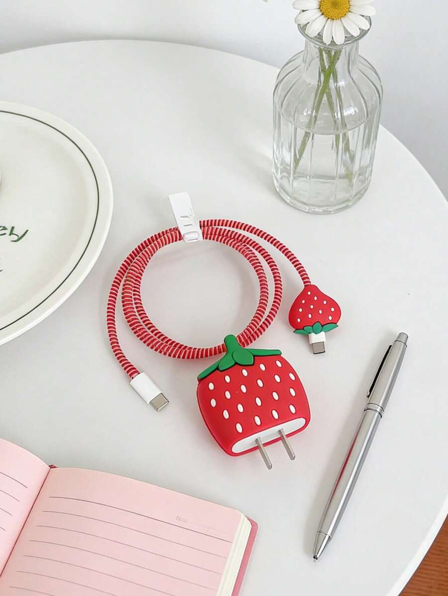 4pcs Cute Cartoon Strawberry & Apple Charger Protector Case