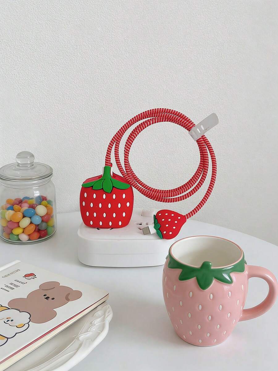 4pcs Cute Cartoon Strawberry & Apple Charger Protector Case