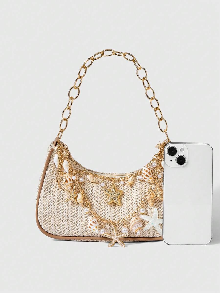 ROMWE Fairycore Summer Beach Starfish Series Woven Shoulder Bag