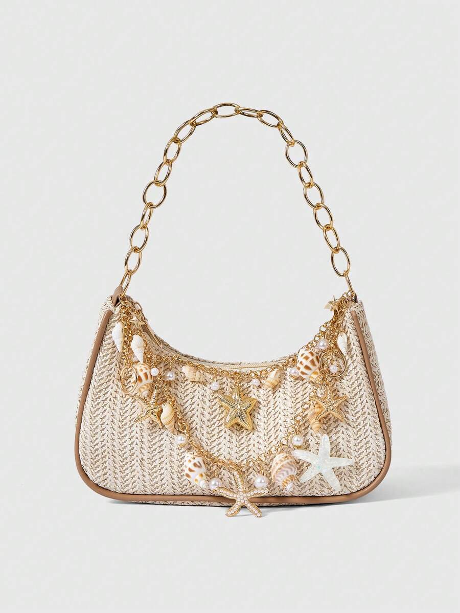 ROMWE Fairycore Summer Beach Starfish Series Woven Shoulder Bag