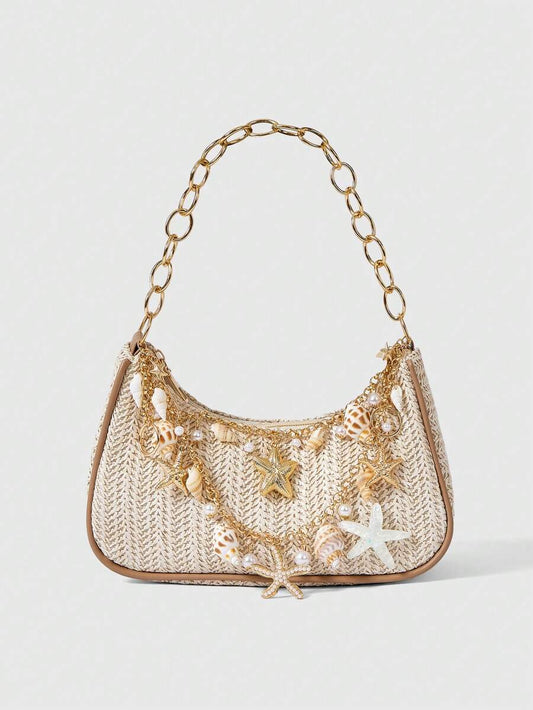 ROMWE Fairycore Summer Beach Starfish Series Woven Shoulder Bag