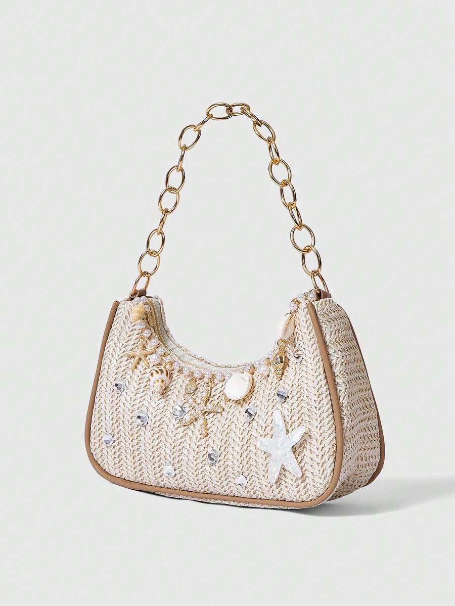 ROMWE Fairycore Summer Beach Starfish Series Woven Shoulder Bag
