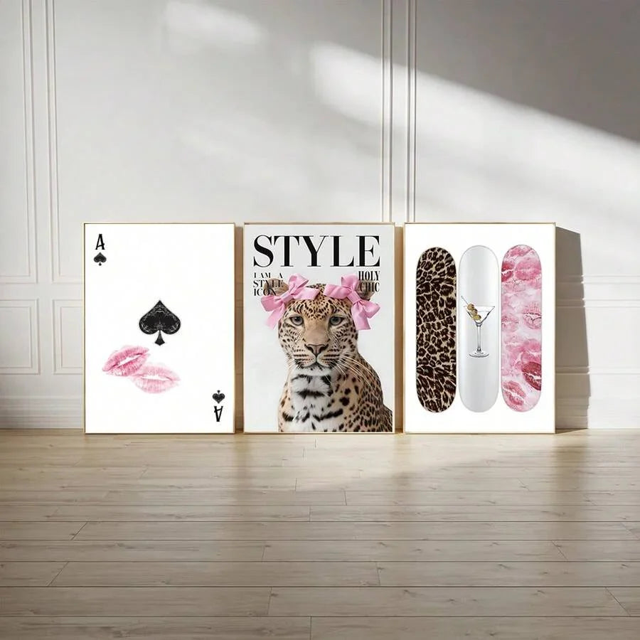 Leopard Cheetah Mural Decorative Canvas Painting Pink Fashion