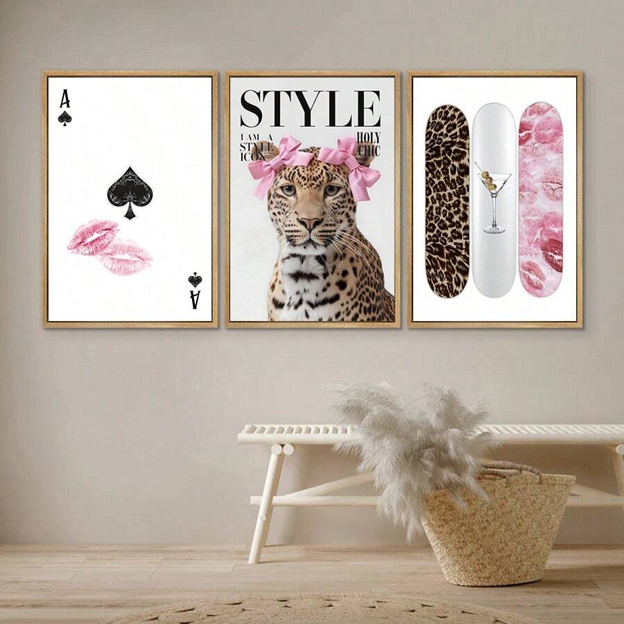 Leopard Cheetah Mural Decorative Canvas Painting Pink Fashion