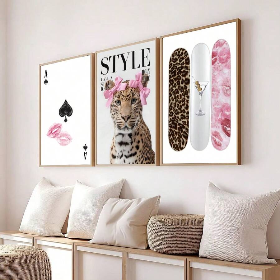 Leopard Cheetah Mural Decorative Canvas Painting Pink Fashion