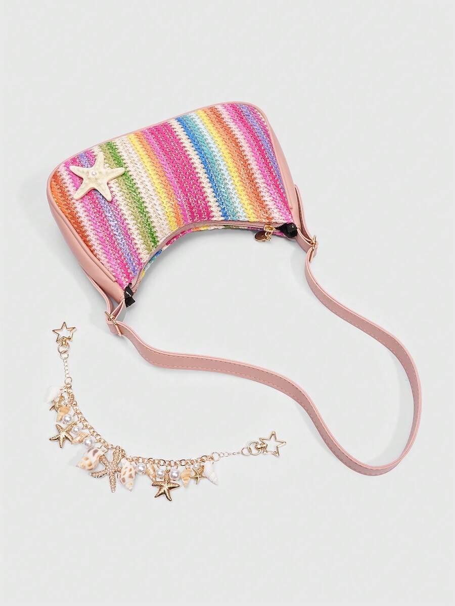 ROMWE Fairycore Resort Style Starfish Shell Decor Straw Bag