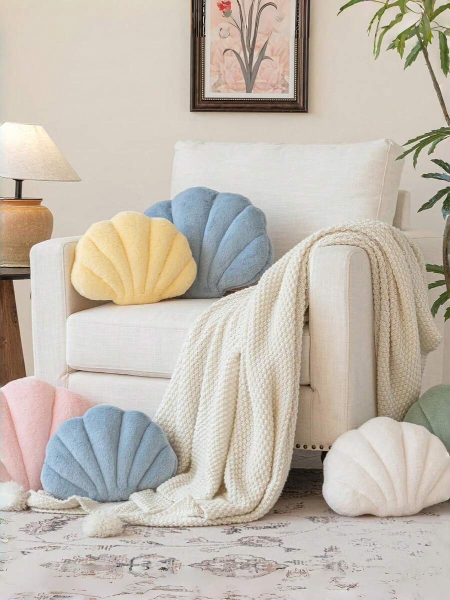 Soft Faux Fur Decorated Seashell Shaped Decorative Pillow