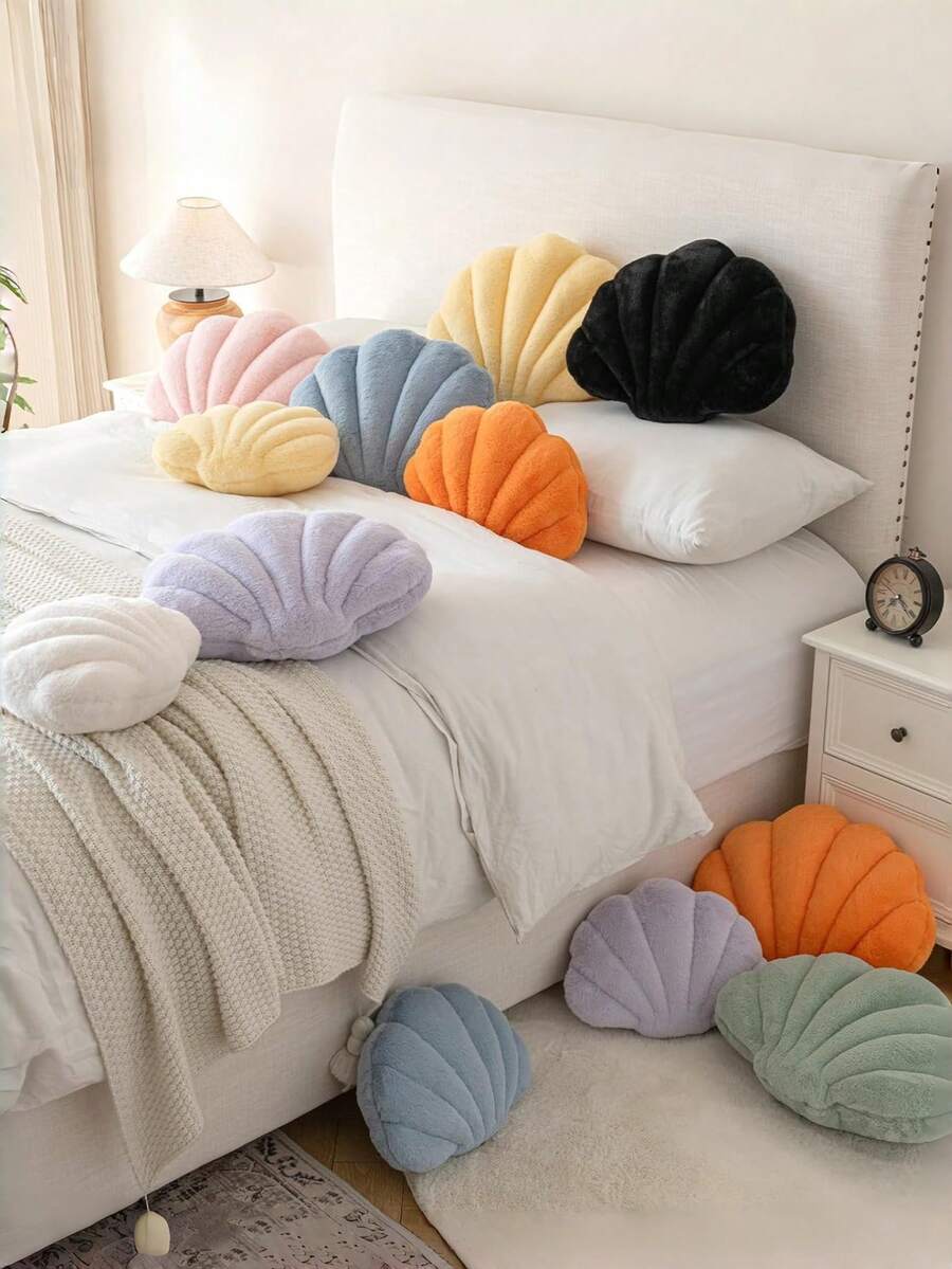 Soft Faux Fur Decorated Seashell Shaped Decorative Pillow