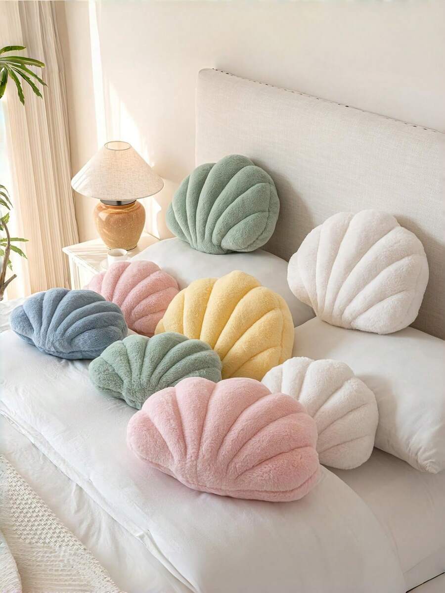 Soft Faux Fur Decorated Seashell Shaped Decorative Pillow