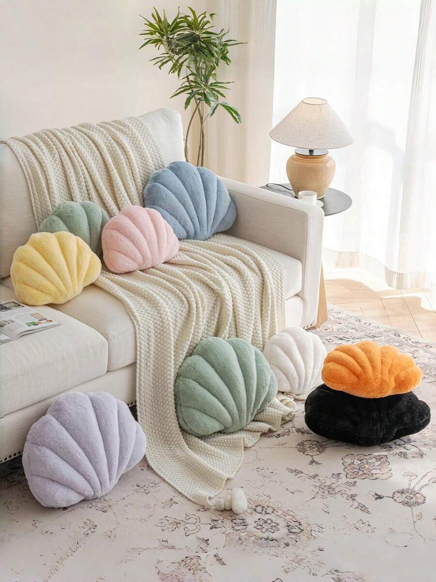 Soft Faux Fur Decorated Seashell Shaped Decorative Pillow