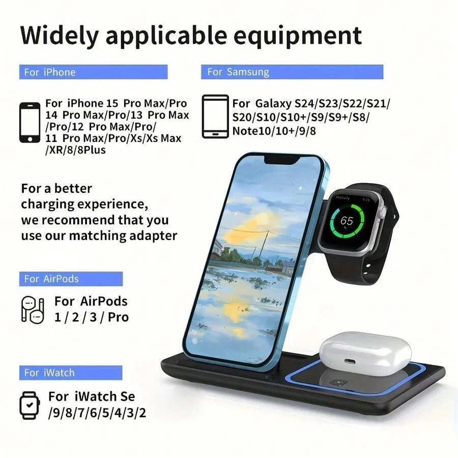 AmSengo 15W Foldable 3-In-1 Fast Wireless Charging Station