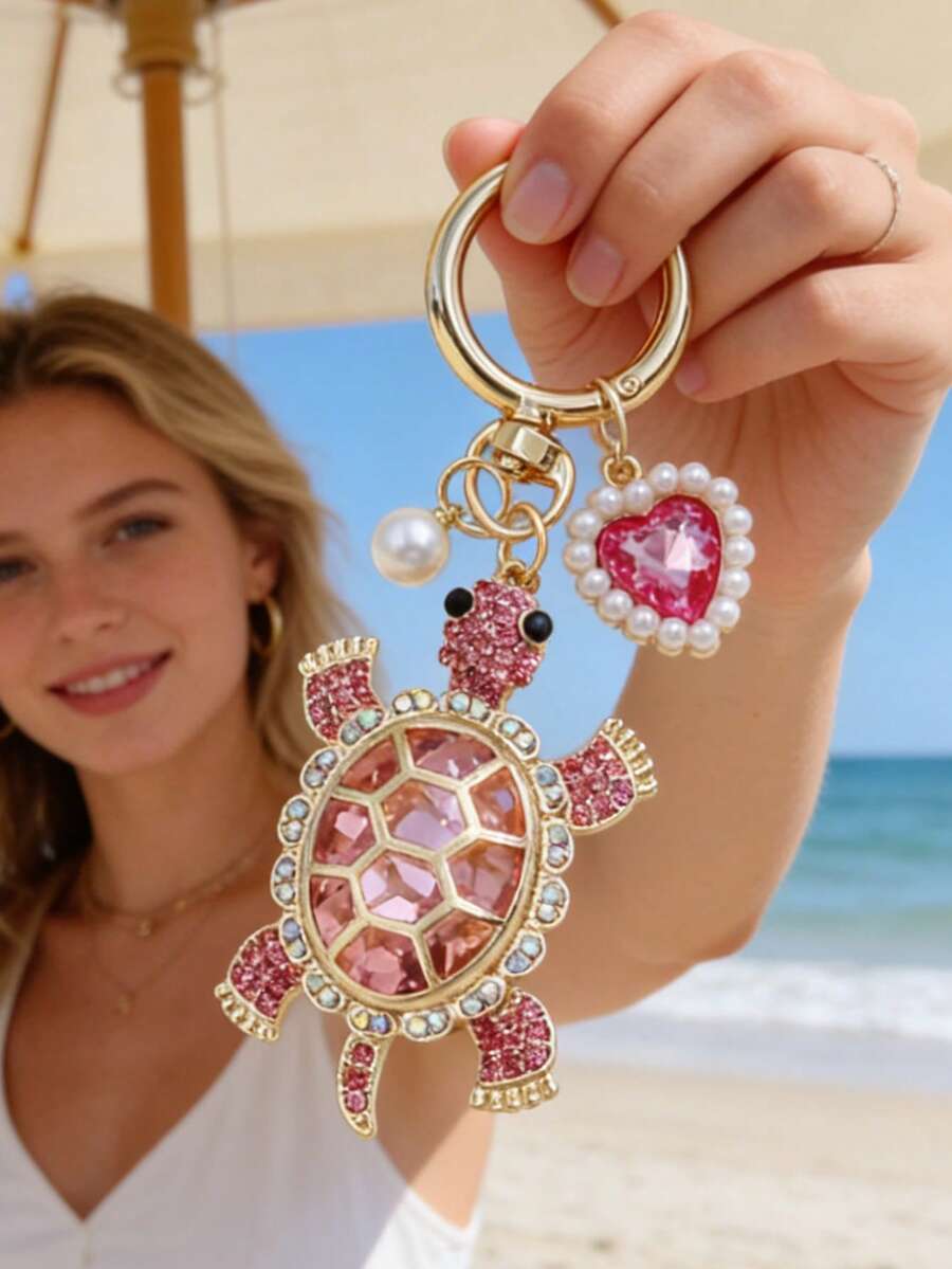 Zinc Alloy Turtle Pendant Keychain With Pearl