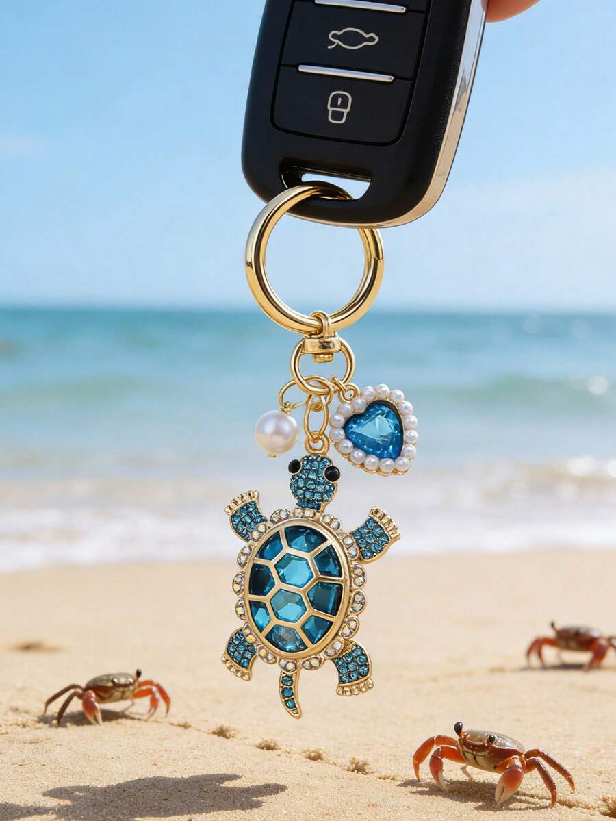 Zinc Alloy Turtle Pendant Keychain With Pearl