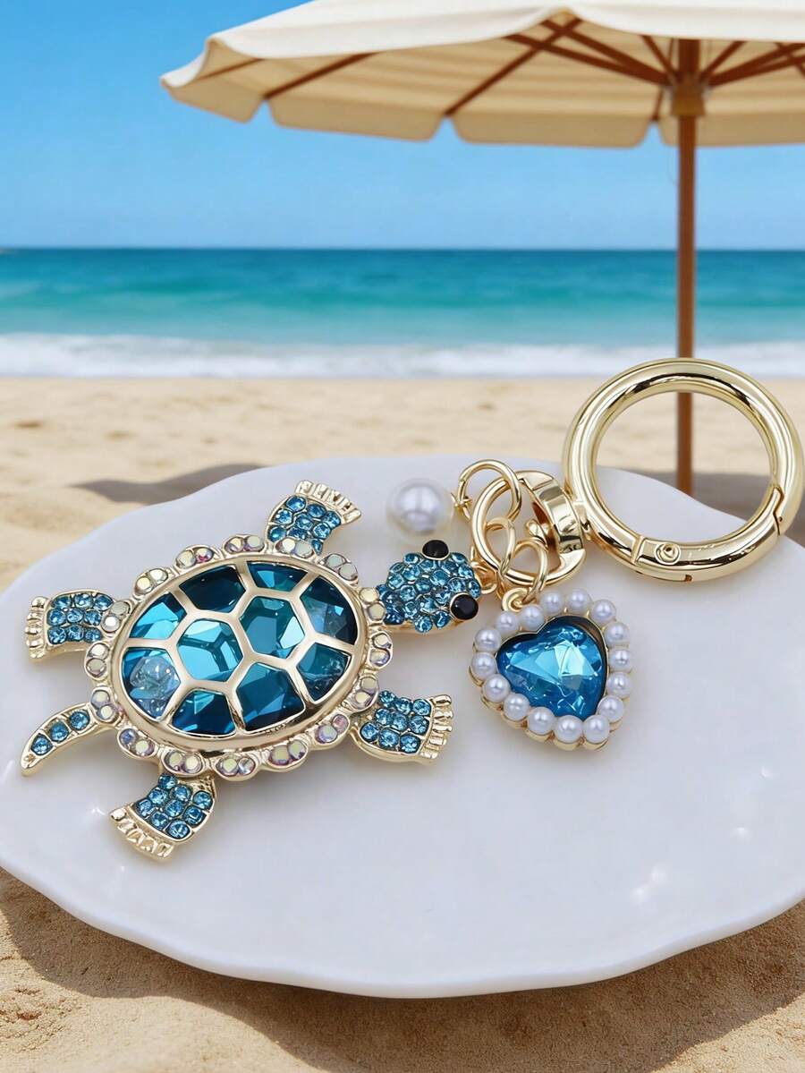 Zinc Alloy Turtle Pendant Keychain With Pearl