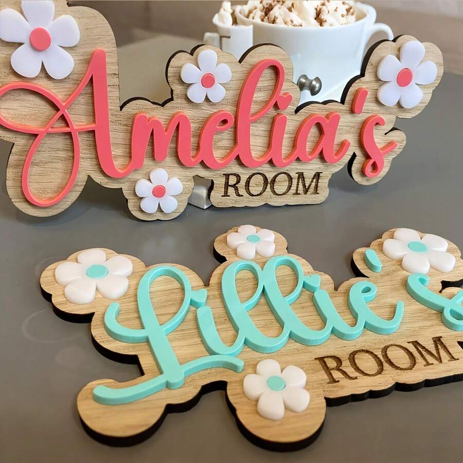 2D Personalized Bedroom Door Sign With Flower Daisy Pattern