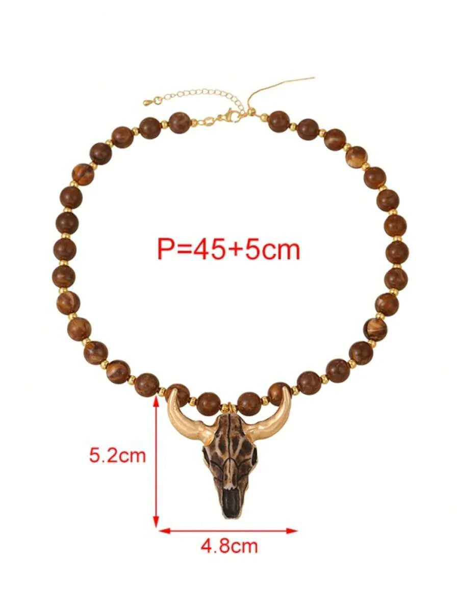 Gothic Style Fashionable Carved Bull Head Resin Bead Necklace