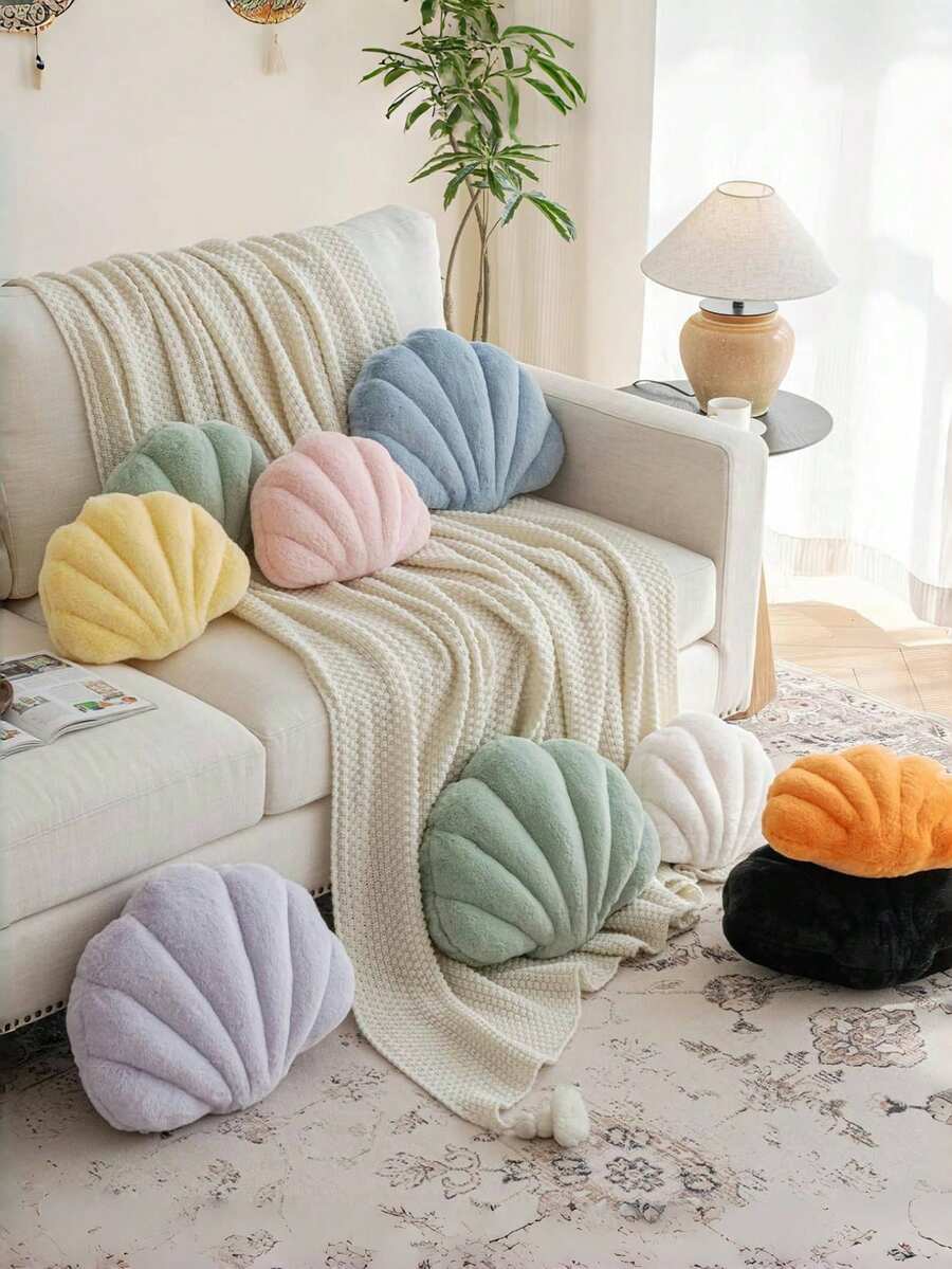 Soft Faux Fur Decorated Seashell Shaped Decorative Pillow