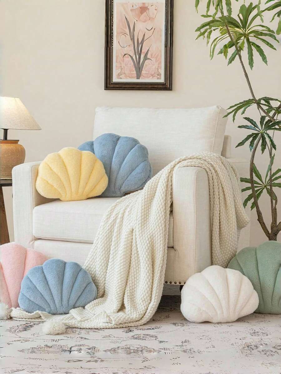 Soft Faux Fur Decorated Seashell Shaped Decorative Pillow