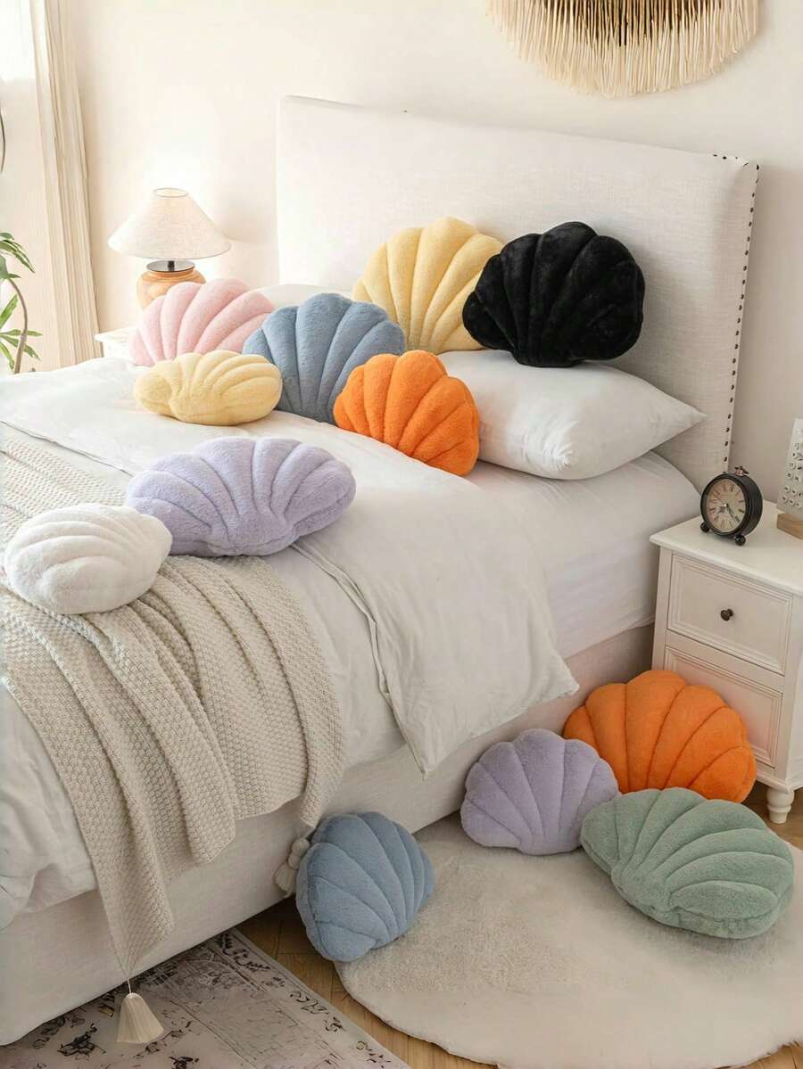 Soft Faux Fur Decorated Seashell Shaped Decorative Pillow