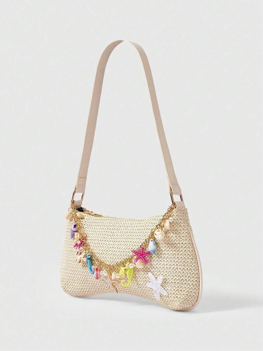 ROMWE Fairycore Summer Beach Starfish Series Woven Shoulder Bag