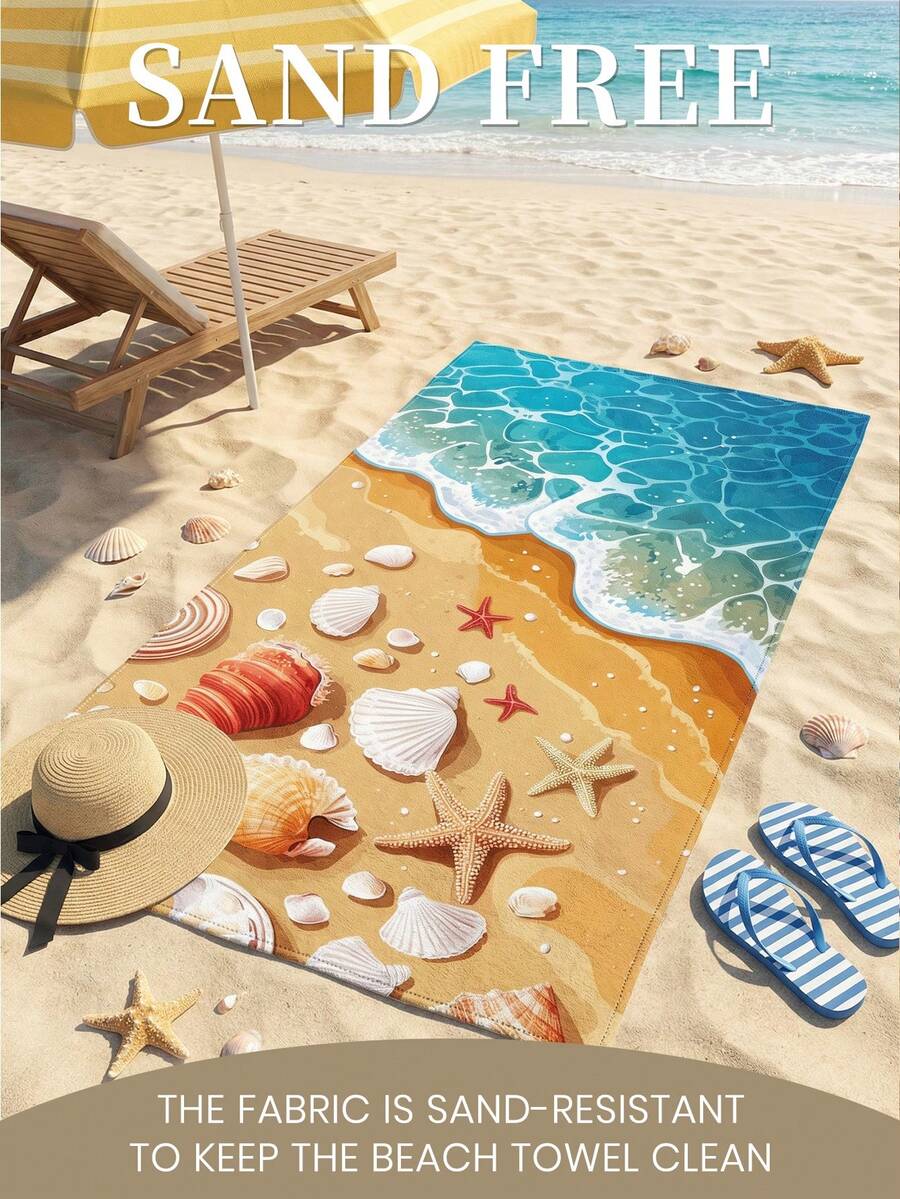 Blue Shell Print Beach Towel, Swimming Towel
