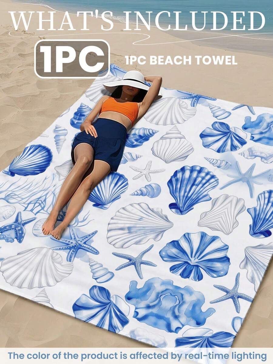 Blue Shell Print Beach Towel, Swimming Towel