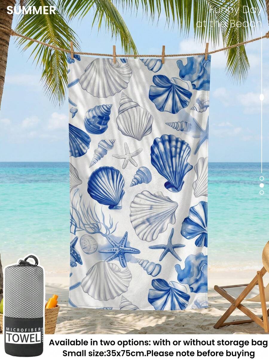 Blue Shell Print Beach Towel, Swimming Towel
