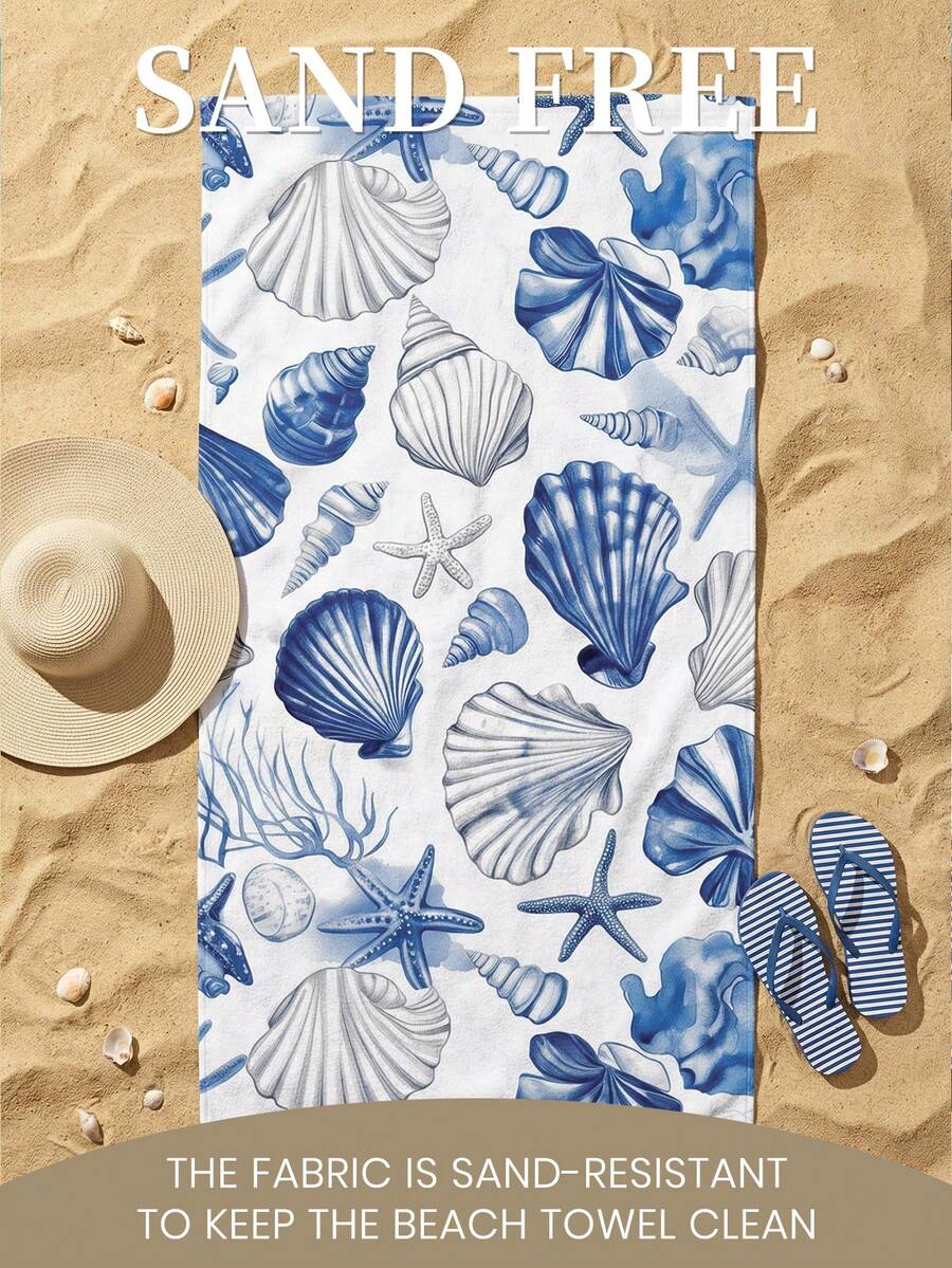 Blue Shell Print Beach Towel, Swimming Towel