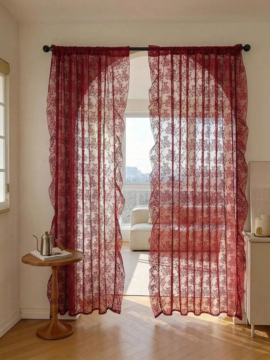 French Countryside Floral Lace Trim Curtain Sheer For Living Room