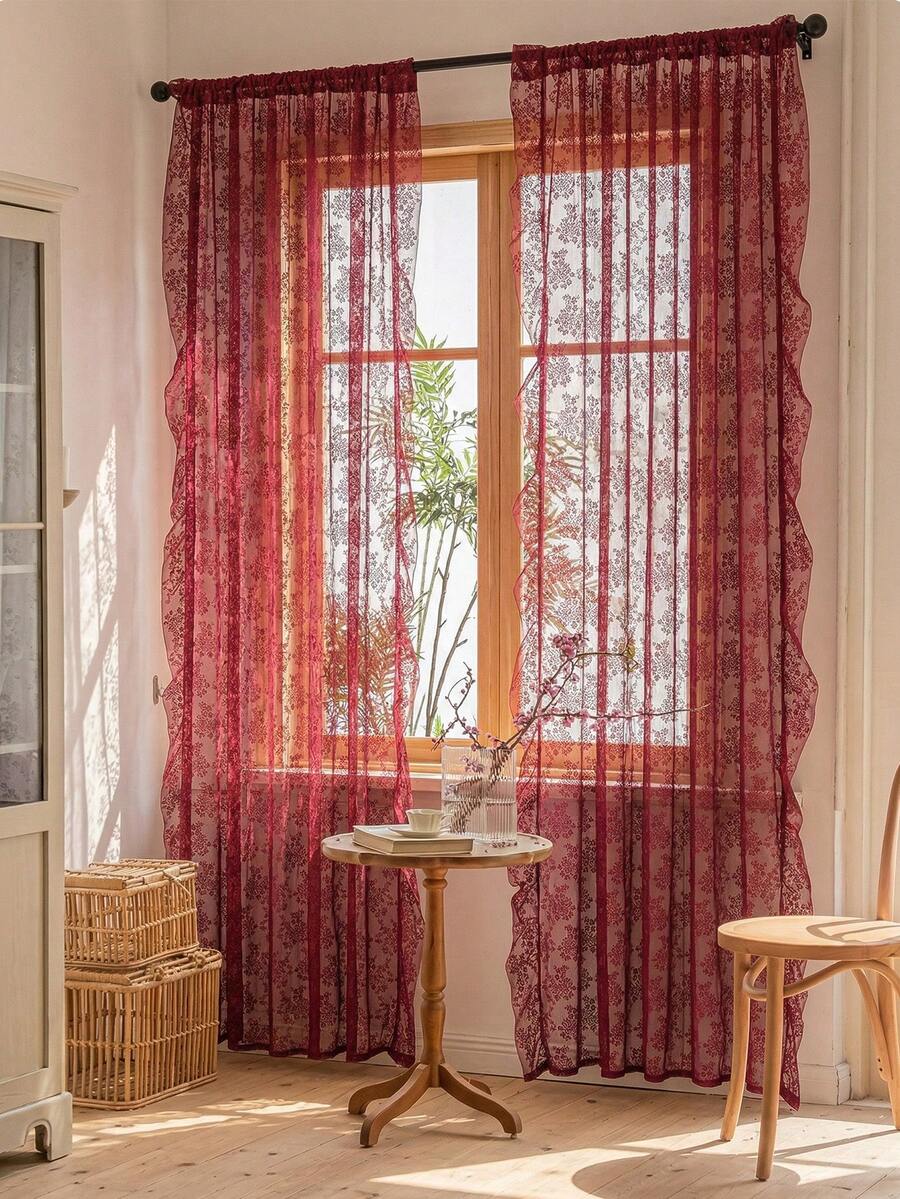 French Countryside Floral Lace Trim Curtain Sheer For Living Room