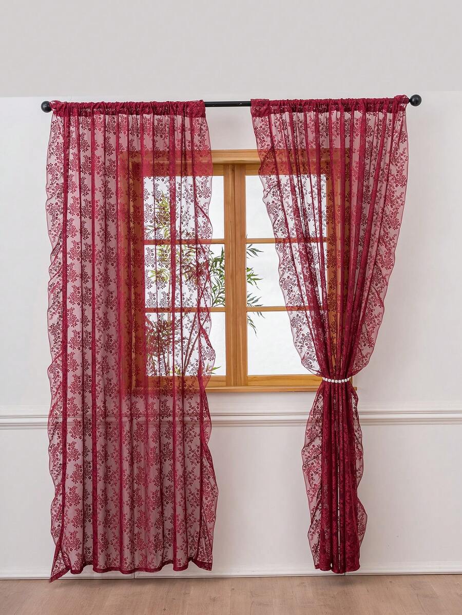 French Countryside Floral Lace Trim Curtain Sheer For Living Room