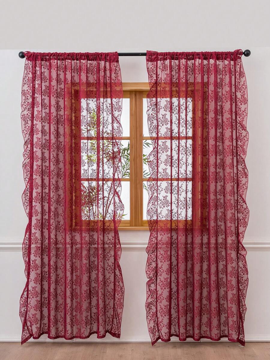 French Countryside Floral Lace Trim Curtain Sheer For Living Room