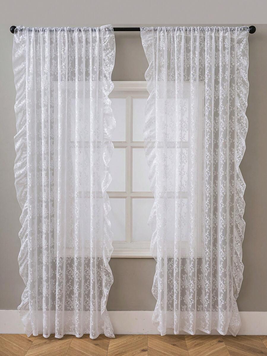 French Countryside Floral Lace Trim Curtain Sheer For Living Room