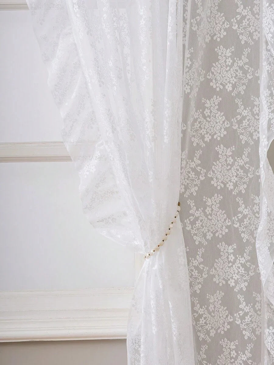 French Countryside Floral Lace Trim Curtain Sheer For Living Room