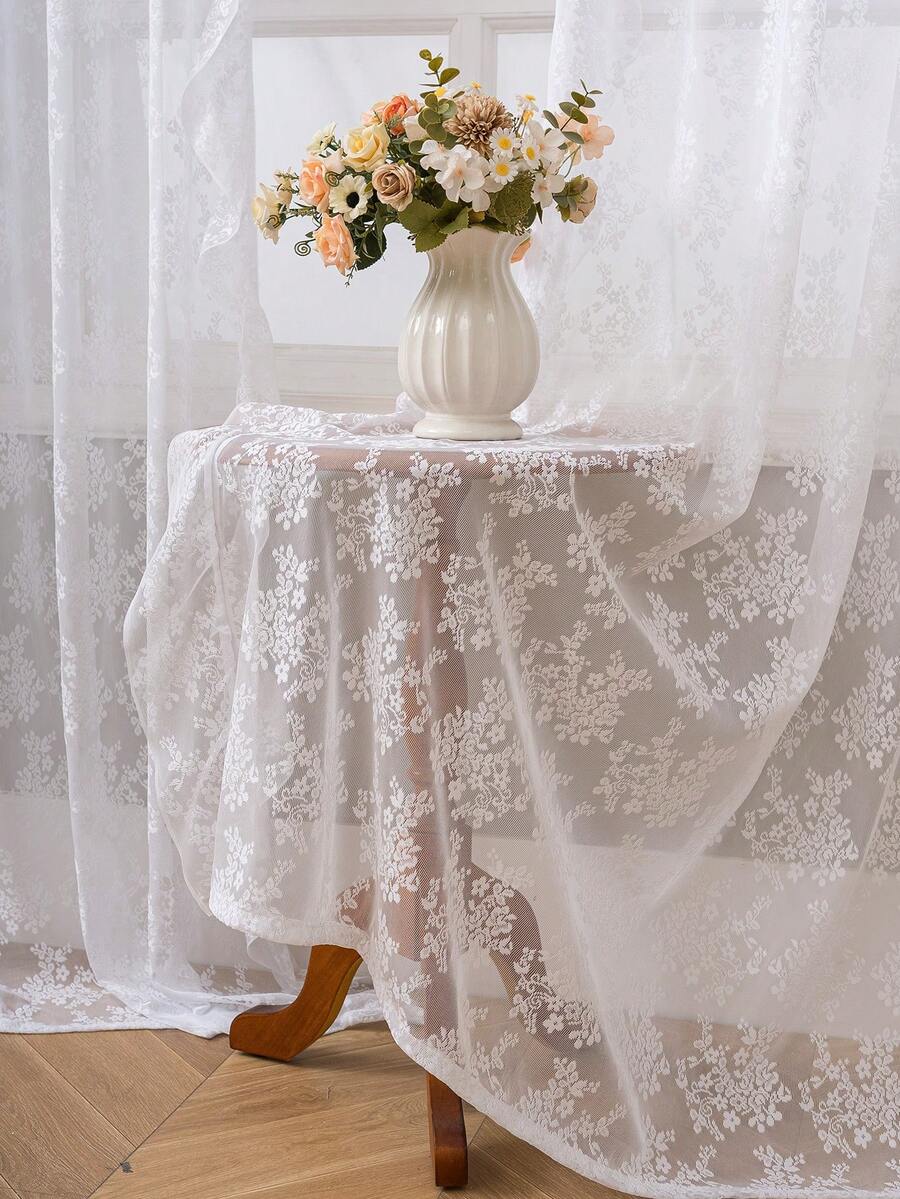 French Countryside Floral Lace Trim Curtain Sheer For Living Room