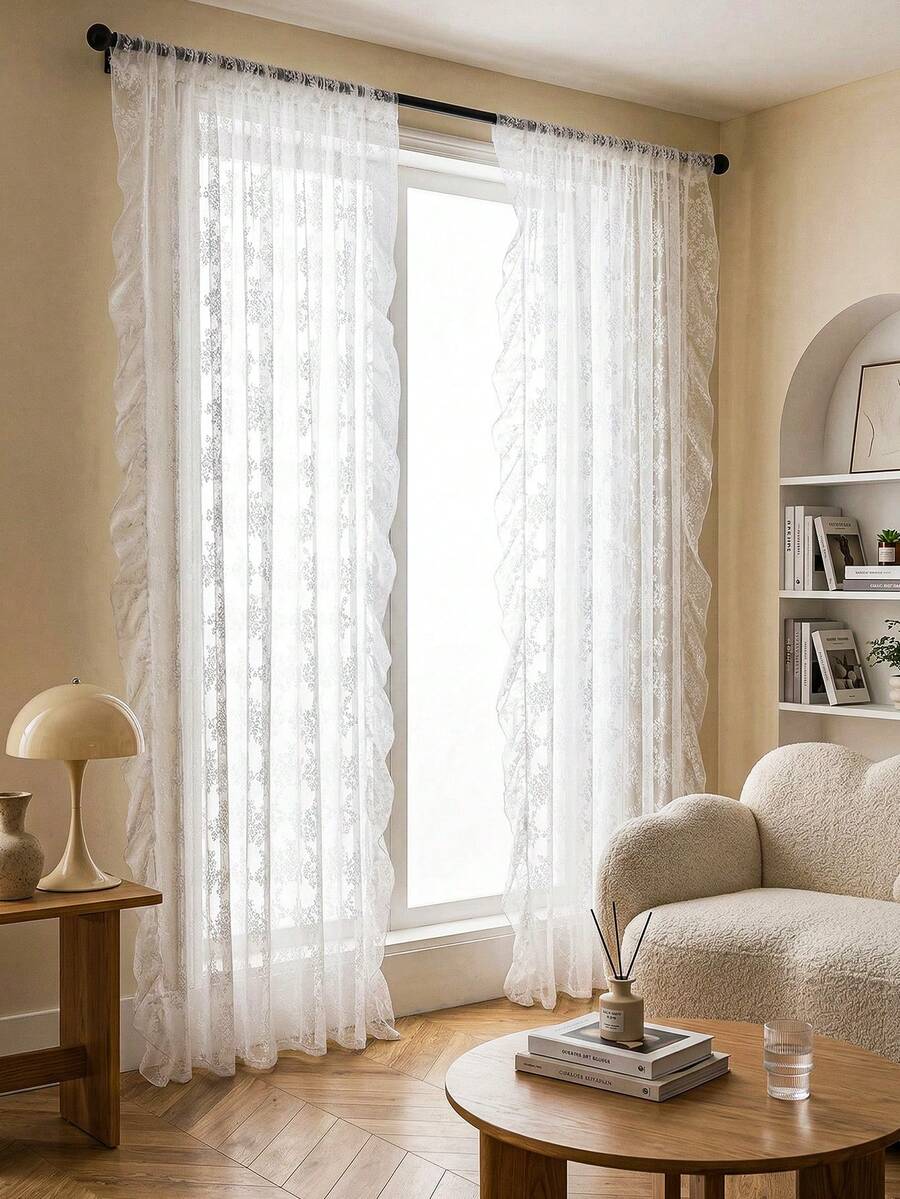 French Countryside Floral Lace Trim Curtain Sheer For Living Room