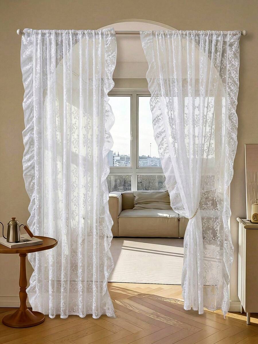 French Countryside Floral Lace Trim Curtain Sheer For Living Room