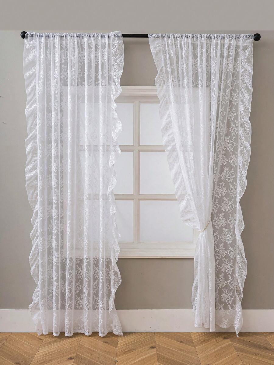 French Countryside Floral Lace Trim Curtain Sheer For Living Room