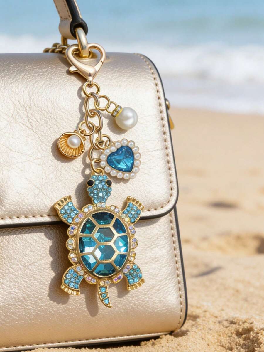 Zinc Alloy Turtle Pendant Keychain With Pearl