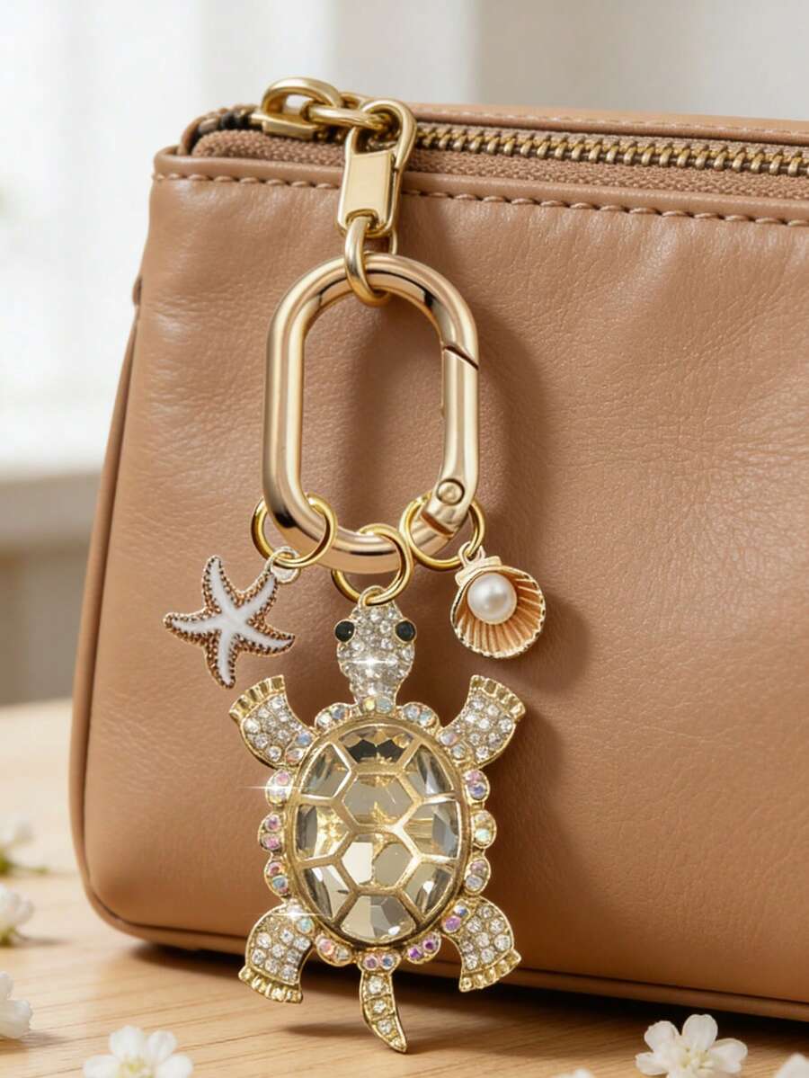 Zinc Alloy Turtle Pendant Keychain With Pearl