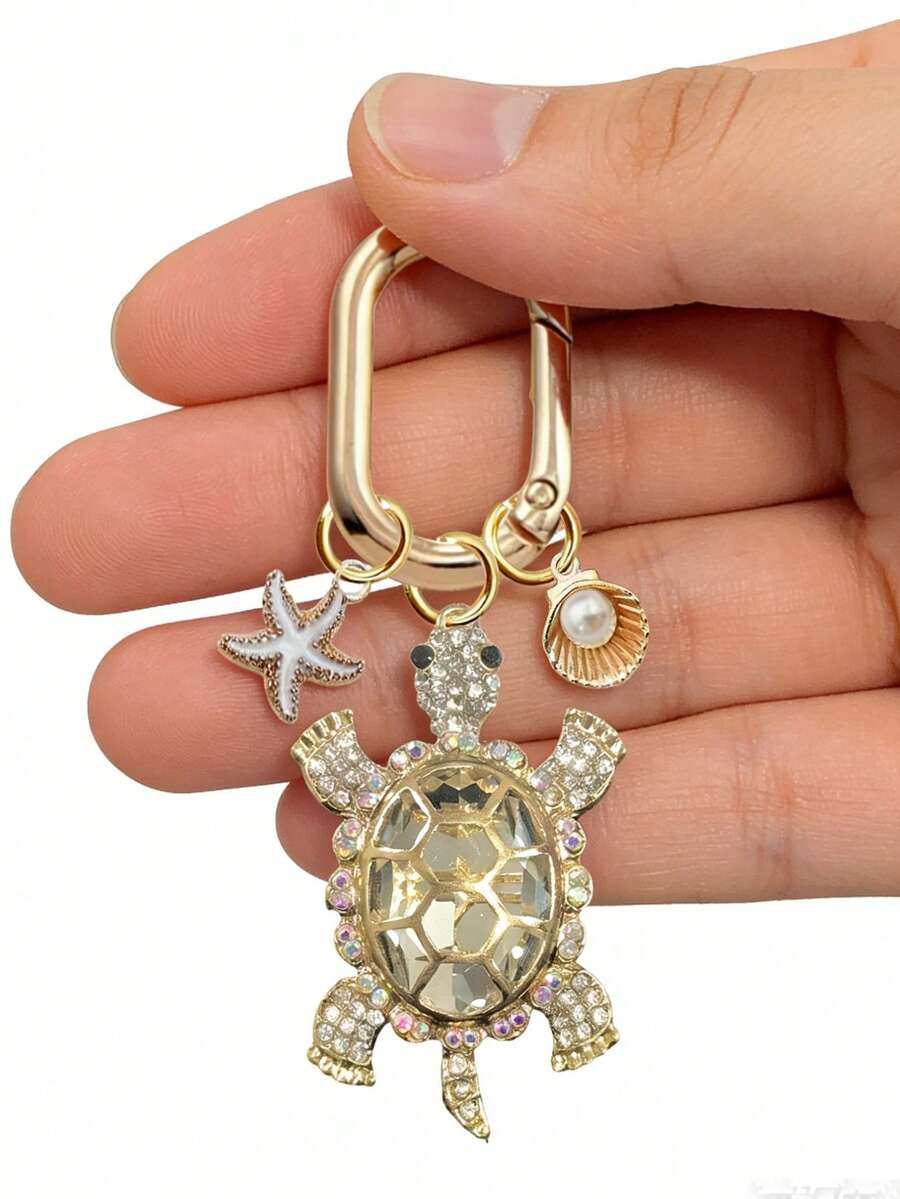 Zinc Alloy Turtle Pendant Keychain With Pearl